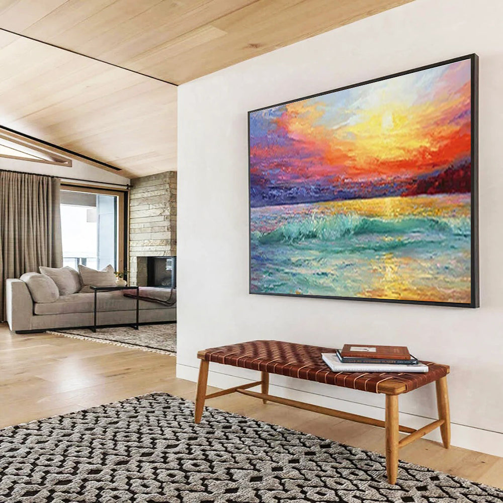 Vivid Sunset Seascape - Orange, Pink & Teal Ocean Painting On Canvas DKH892