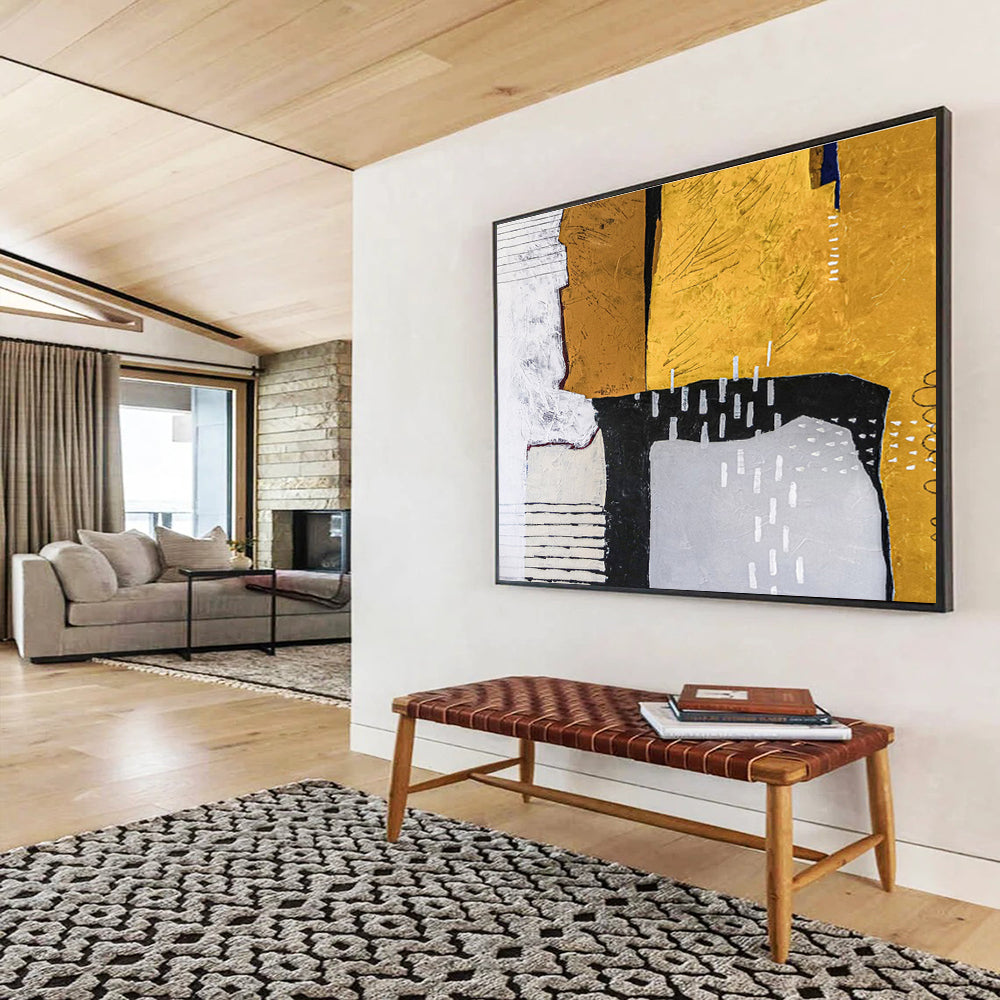Earthy Geometric Collage in Mustard, Black, and Cream, Abstract Mixed - Media Painting On Canvas DKH574