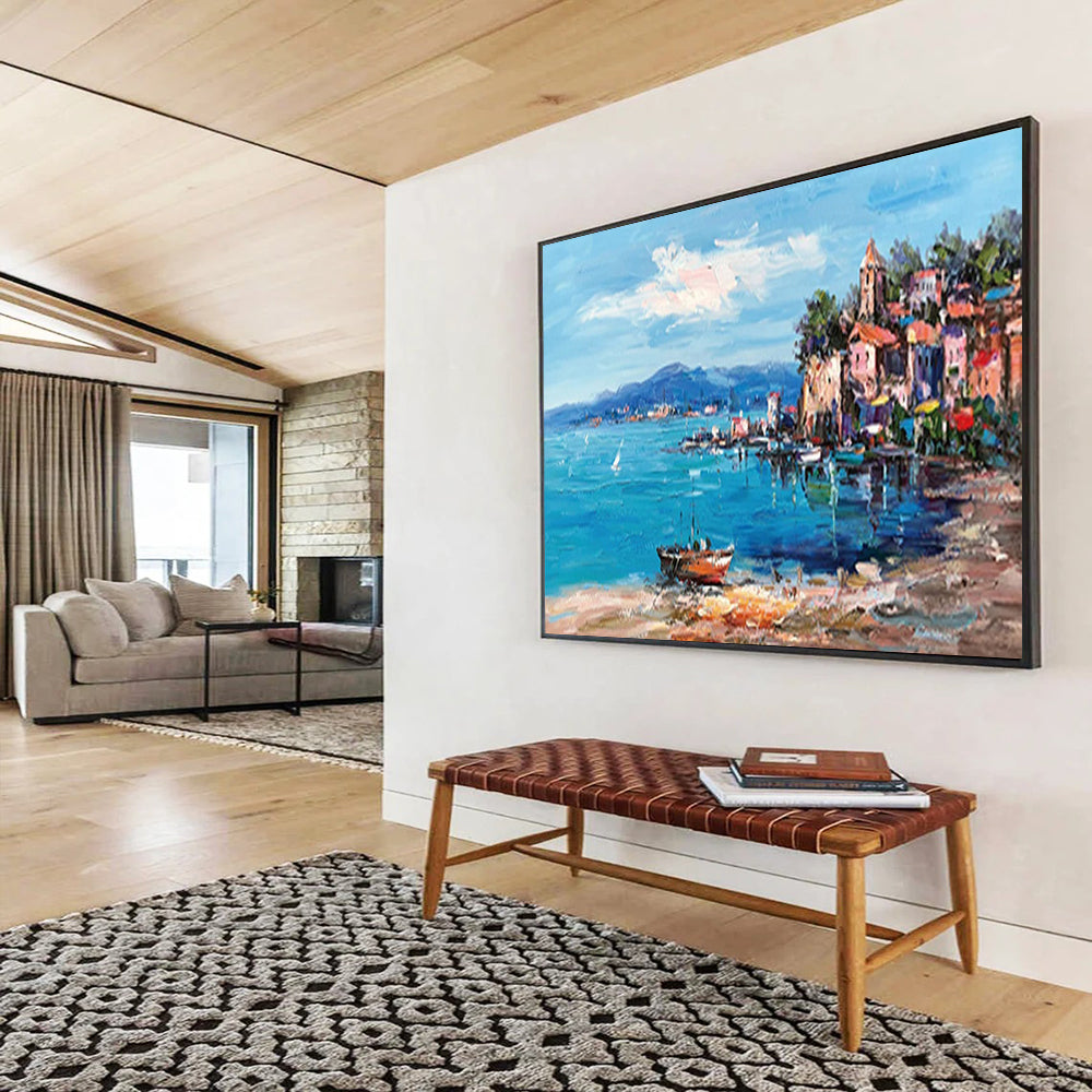 Colorful Coastal Village - Impressionist Seascape Painting On Canvas DLZ230
