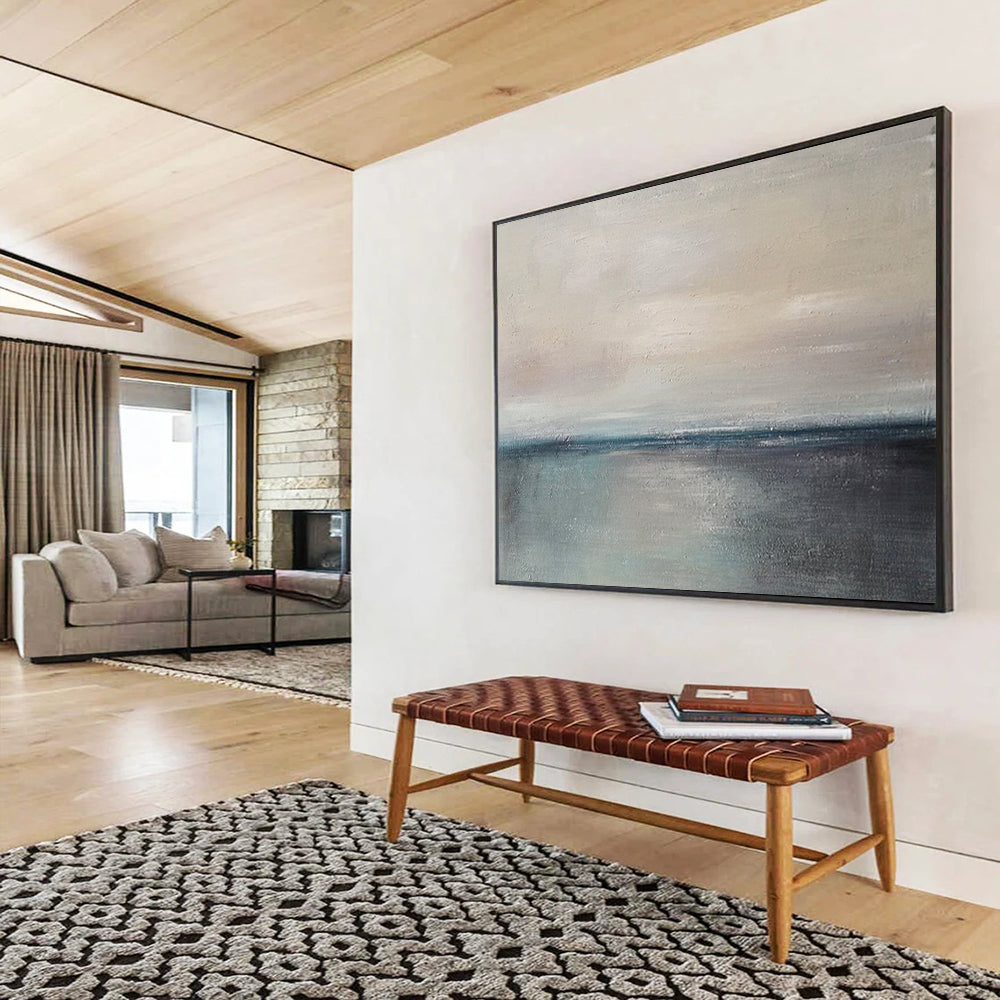 “Gray, Blue, Minimalist ‘Calm Horizon’” - Abstract Seascape Painting On Canvas DLZ017