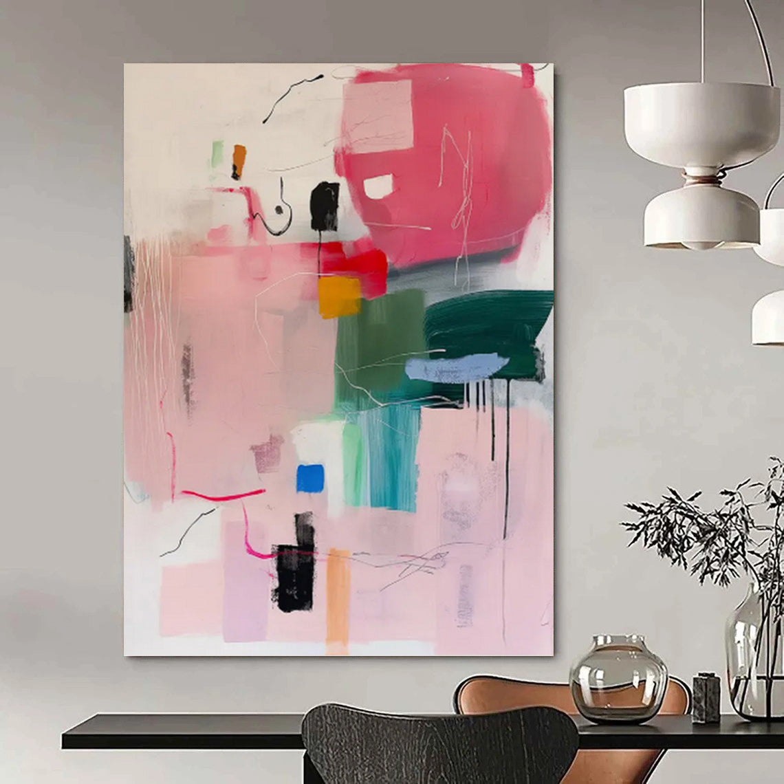 “Pink - Dominant Abstract Composition” - Pink, Green, Blue & Yellow Modernist Painting On Canvas DKH0998