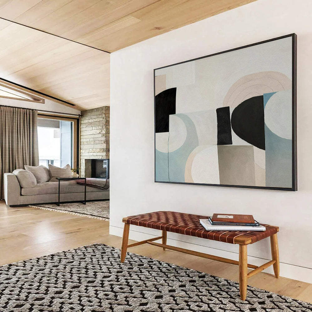 Pastel Geometric Harmony with Beige, Blue, and Black, Abstract Mid - Century - Style Painting On Canvas DKH583