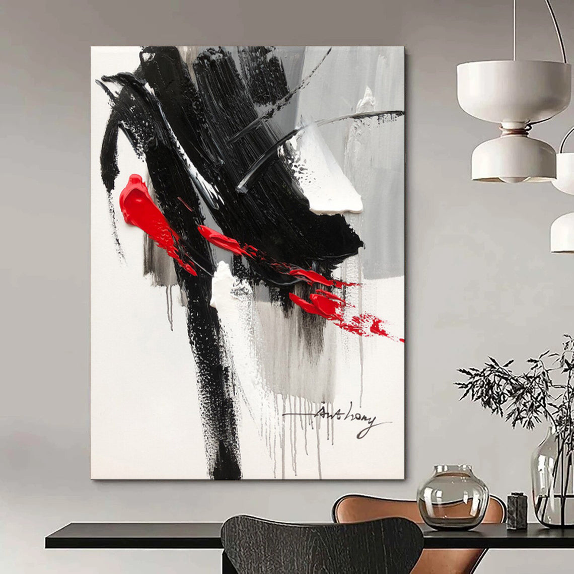 “Black, White, and Red Drama” – Bold Abstract Acrylic CT2088