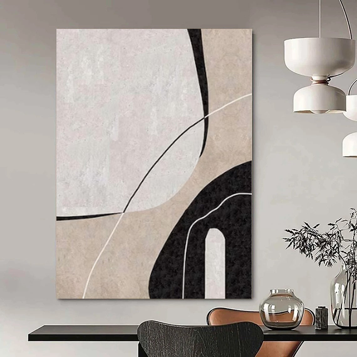 “Beige - Black - White Geometric Curves” – Geometric Abstract Painting CT1162