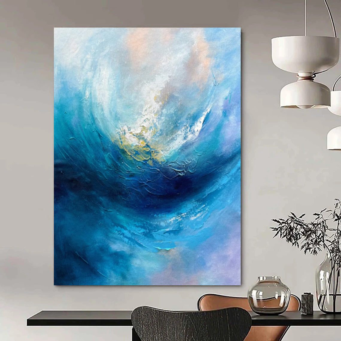 “Blue Abstract Wave” - Blue & White Abstract Painting On Canvas CT2250