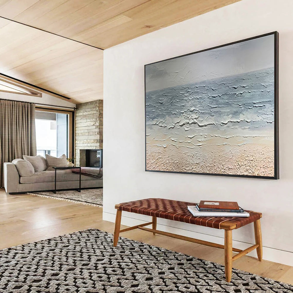 “Textured Seashore - Gray & Beige Impasto Beach Painting On Canvas” DKH865