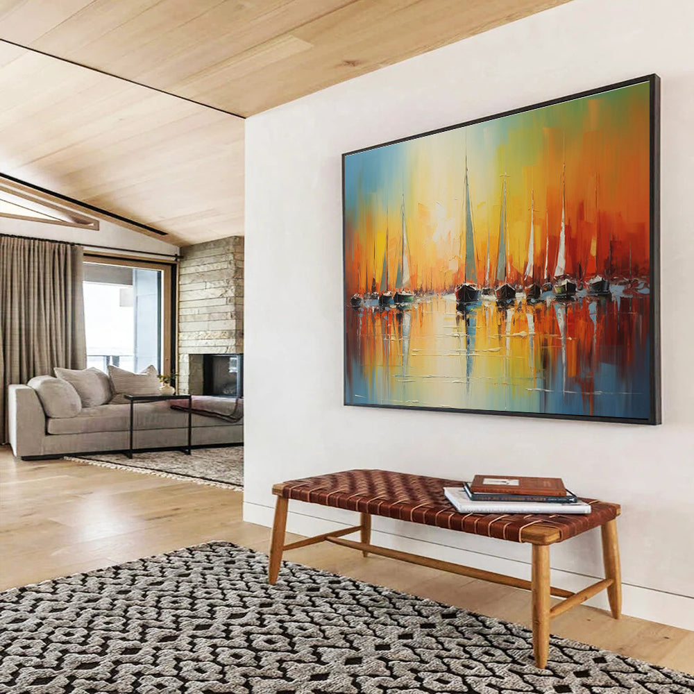 “Sunset Harbor - Vibrant Orange & Blue Sailboats Painting On Canvas” DKH864
