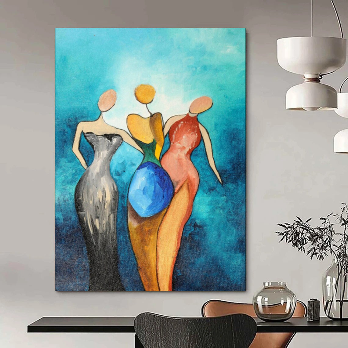 Turquoise, Multi - colored Figures - "Sisterhood in Hues" - Abstract Figurative Painting CT1813