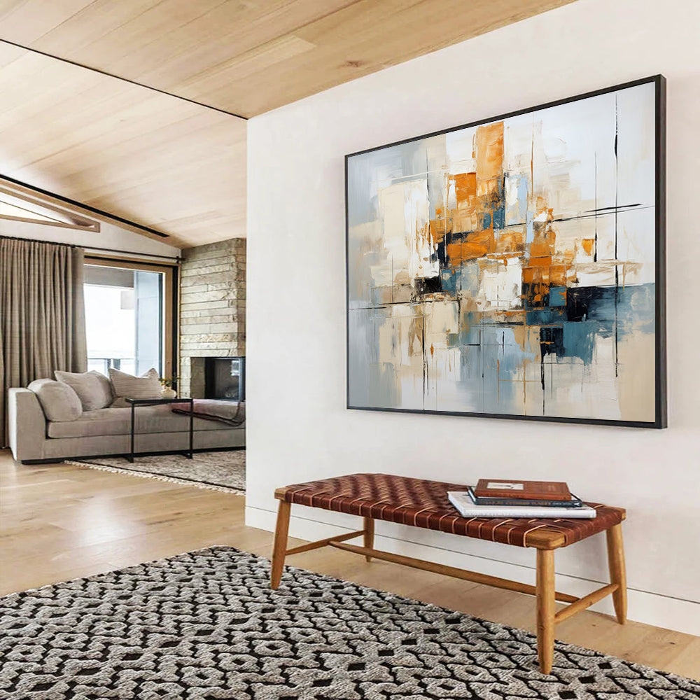 “Blue, Orange, Gray Urban ‘Metro Melody’” - Abstract Cityscape Painting On Canvas DLZ006