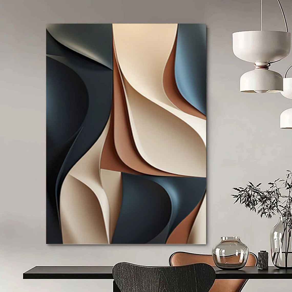 “3D - Effect Neutral Abstract” - Black, Beige, Brown & Gray Sculptural Painting On Canvas DKH1023