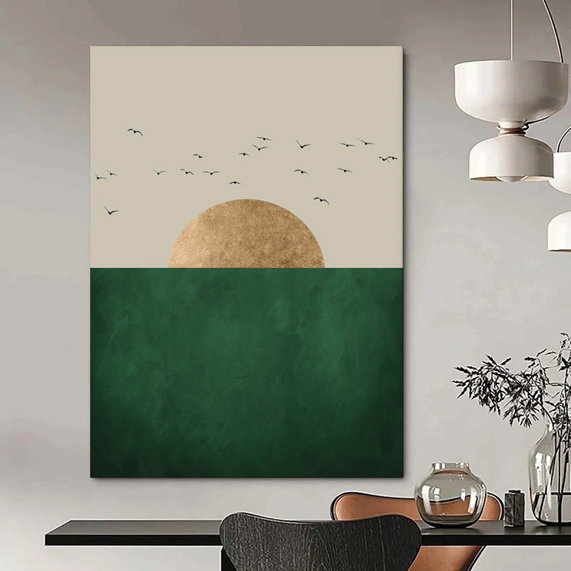 Golden Sun Green Horizon Black Birds Minimalist Nature Inspired Art CT1921