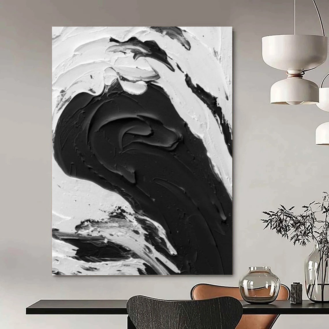 “Dynamic Black - White Wave Impasto” - Abstract Seascape - Inspired Painting On Canvas DKH1679