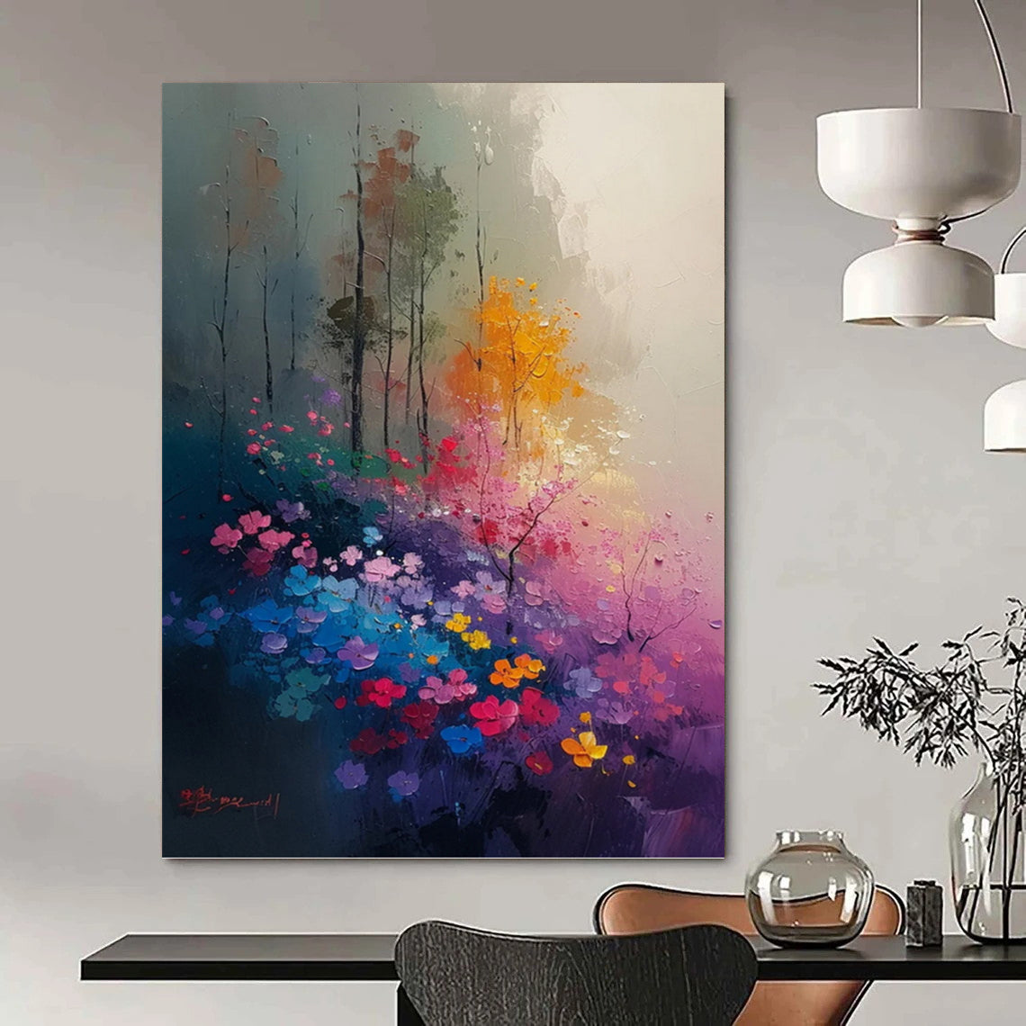 “Enchanted Garden” - Colorful Flowers and Trees Abstract Landscape Painting On Canvas DKH1533