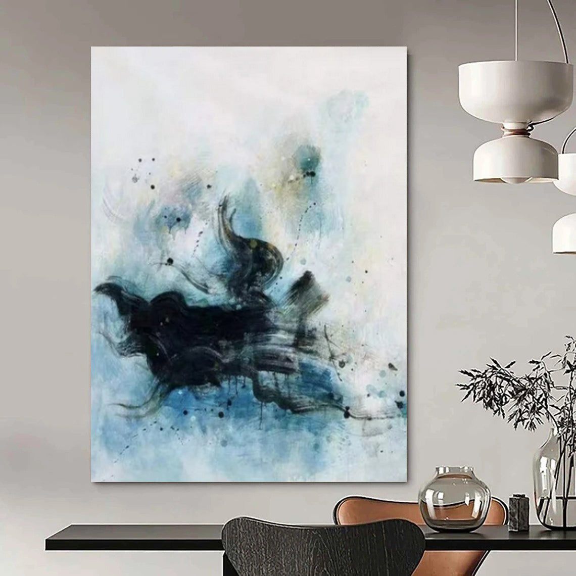 Black, Blue & White Ink - Like Flow - Abstract Painting On Canvas CT2305