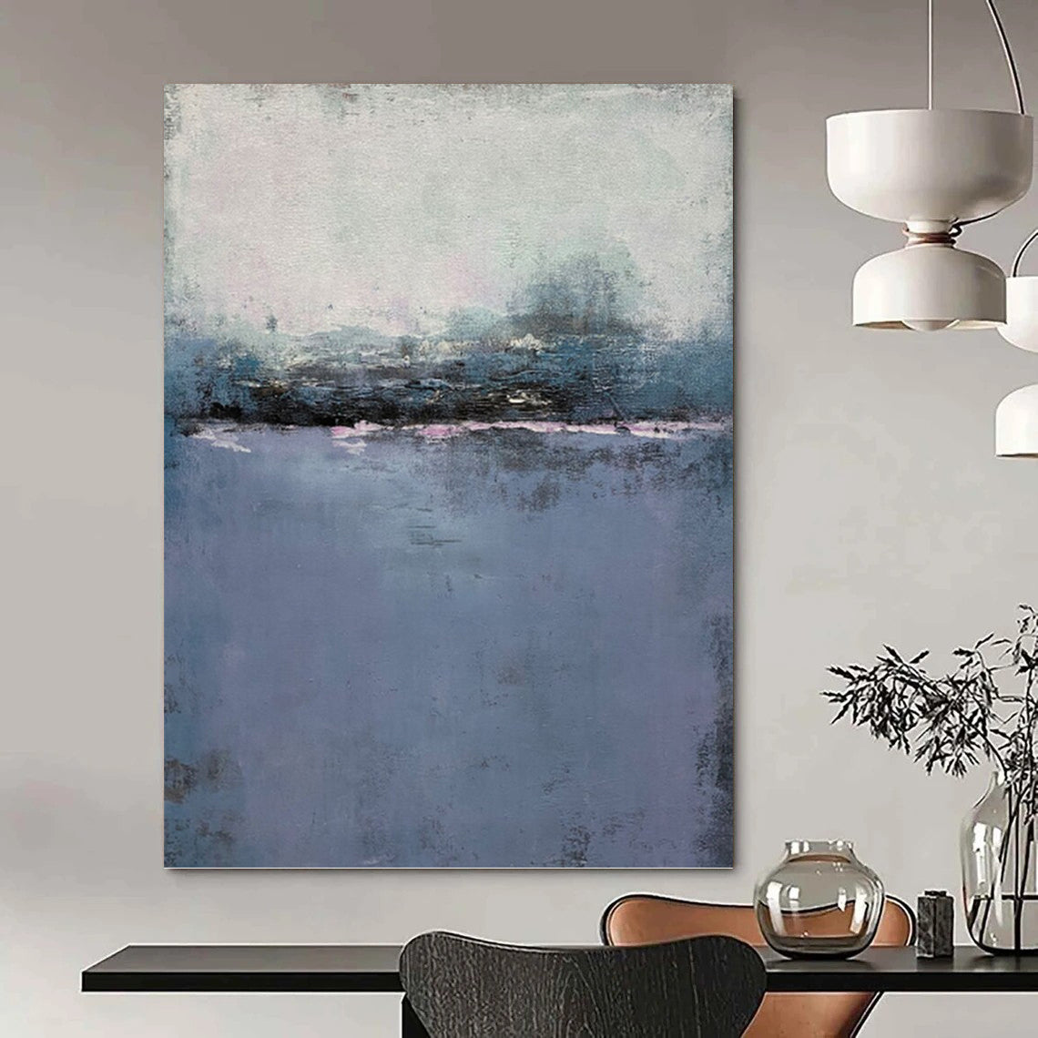 “Misty Purple & Gray Landscape” - Purple, Gray & Blue Abstract Landscape Painting On Canvas DKH1224