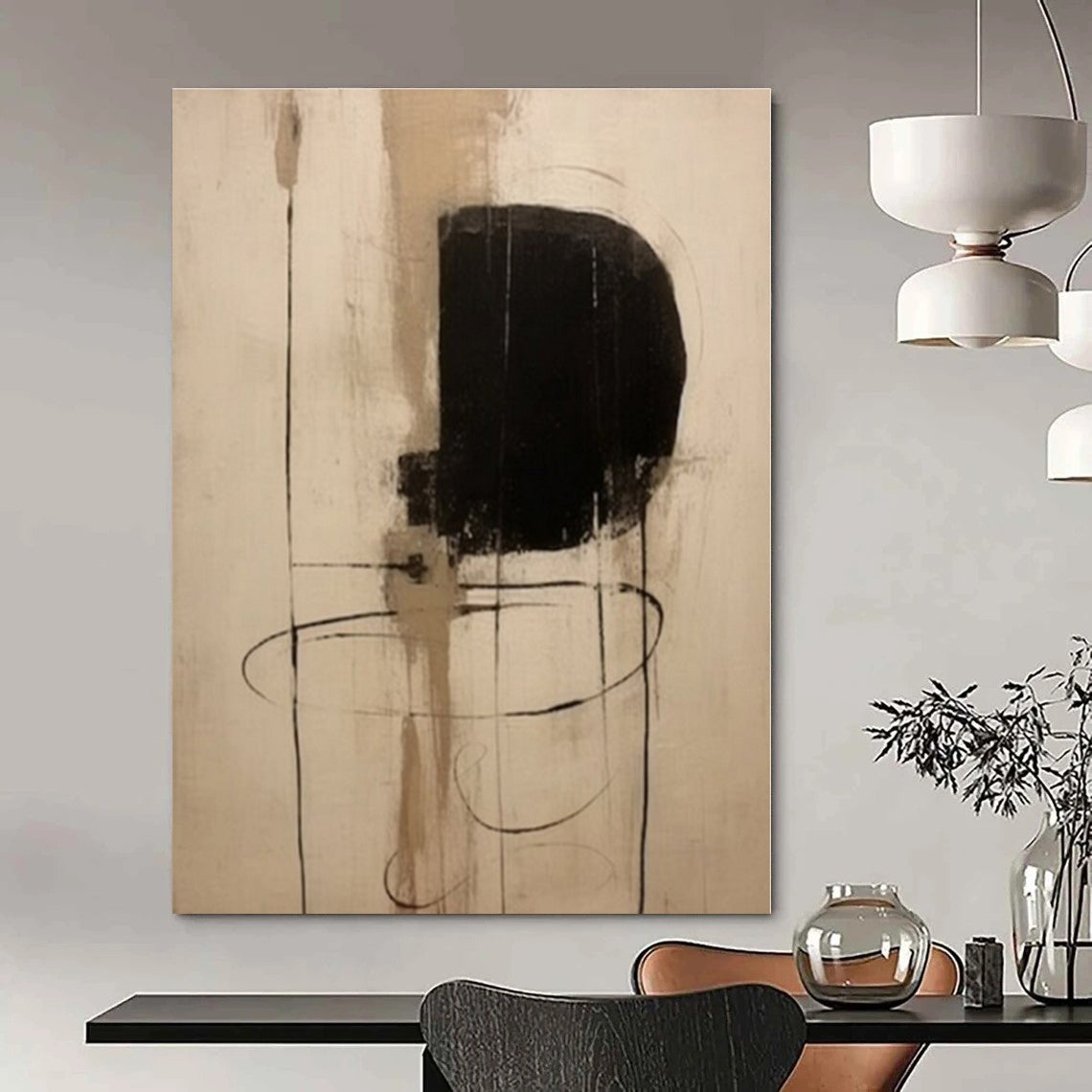 Minimalist Black & Beige Lines - Abstract Expressionist Ink & Acrylic CT1290