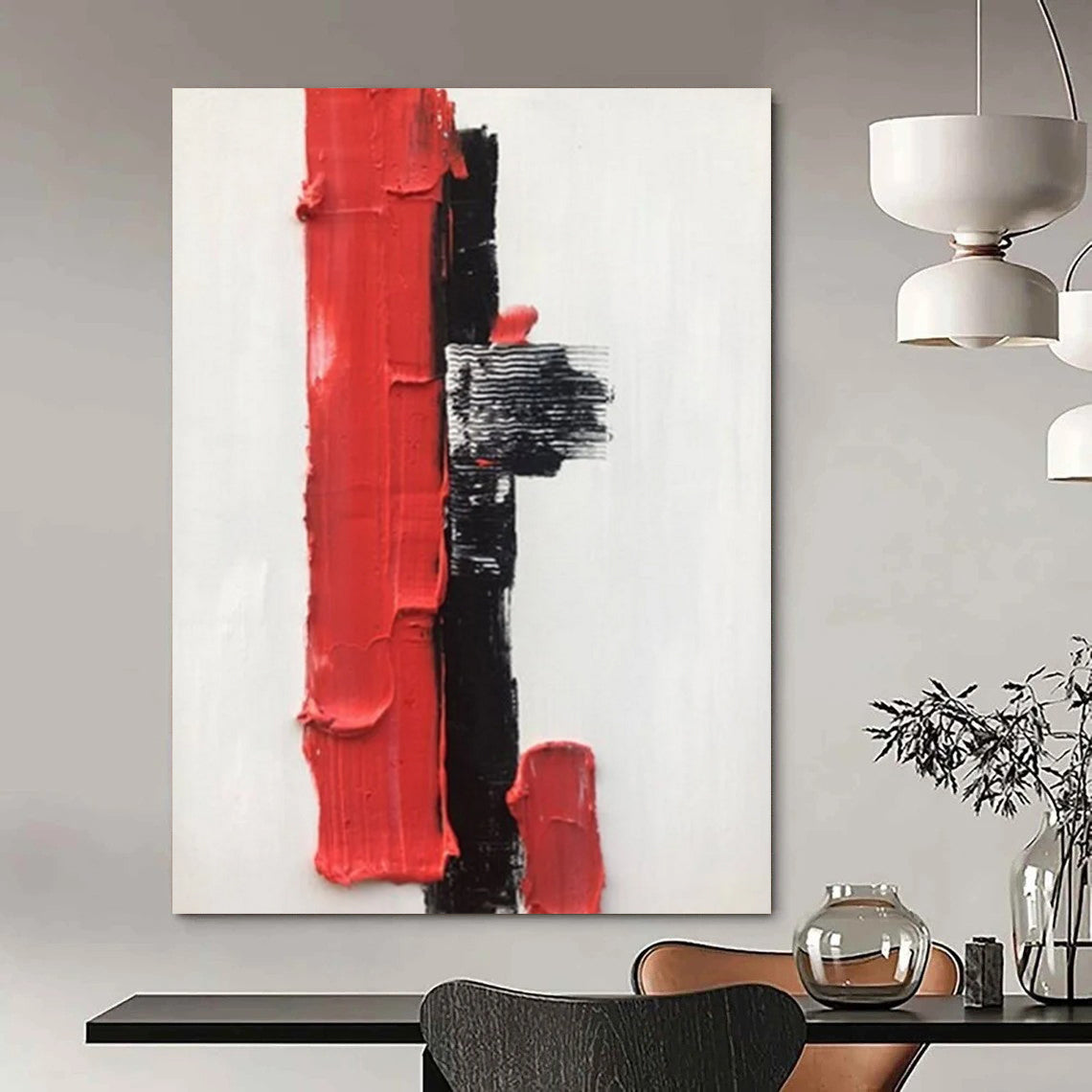 “White, Black, Red Textured Blocks ‘Bold Simplicity’” - Impasto Abstract Painting On Canvas DTP390