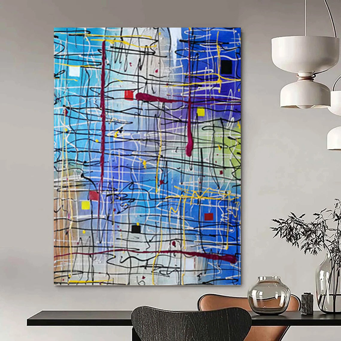 “Vibrant Line Fusion” - Blue & Multicolor Abstract Line Painting On Canvas DKH1583