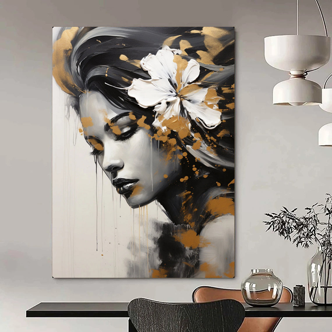 “Black, White, and Gold Portrait” – Impressionistic Oil Painting On Canvas CT2170