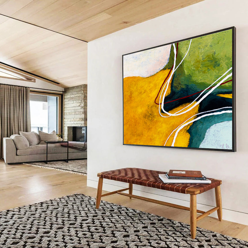 “Yellow - Green with Curved Lines” Abstract Acrylic Painting On Canvas DKH551