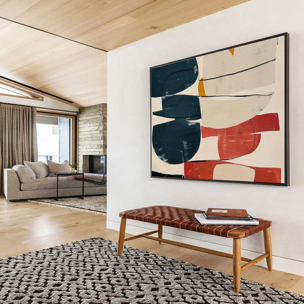 Colorful Geometric Collage with Blue, Red, and Beige, Abstract Modernist Painting On Canvas DKH590