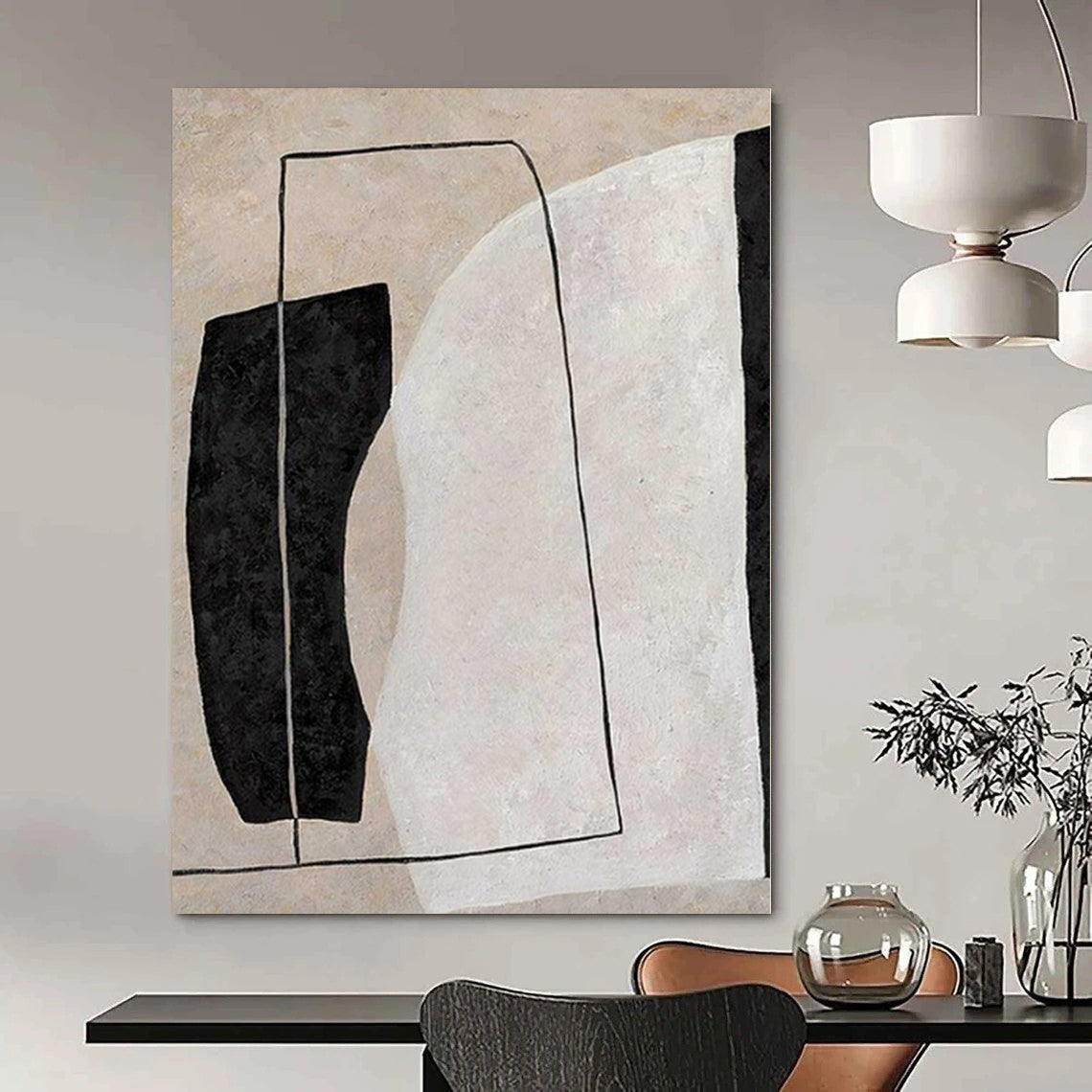 “Beige, Black, and White Geometric Composition” – Minimalist Geometric Painting(Variation) CT1123
