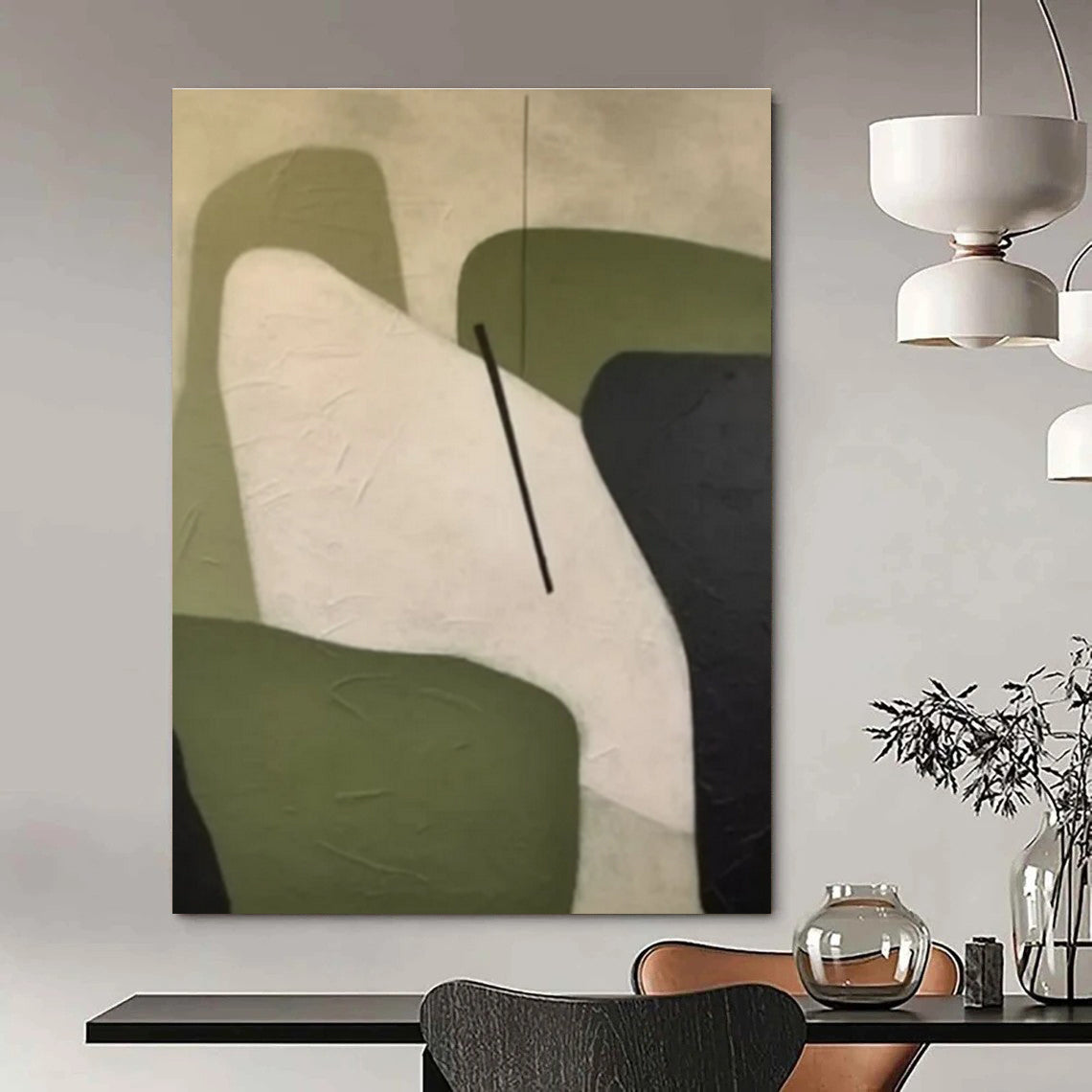 Green, White & Black Organic Shapes - "Nature’s Simplicity" - Abstract Geometric Painting CT1470