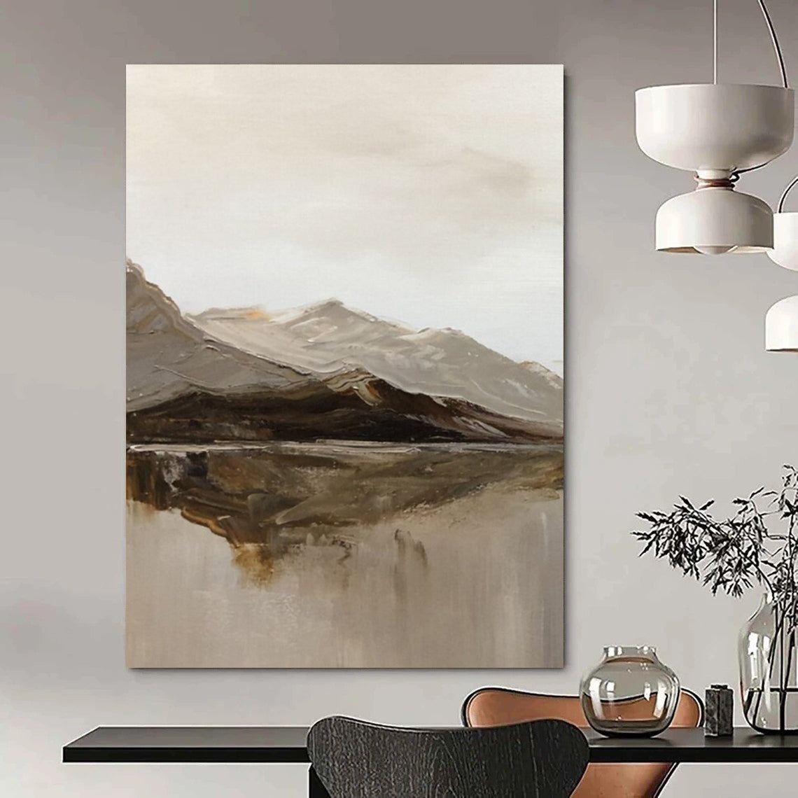 “Gray, Brown, White Mountain Reflection ‘Nature’s Mirror’” - Impasto Landscape Painting On Canvas DTP358