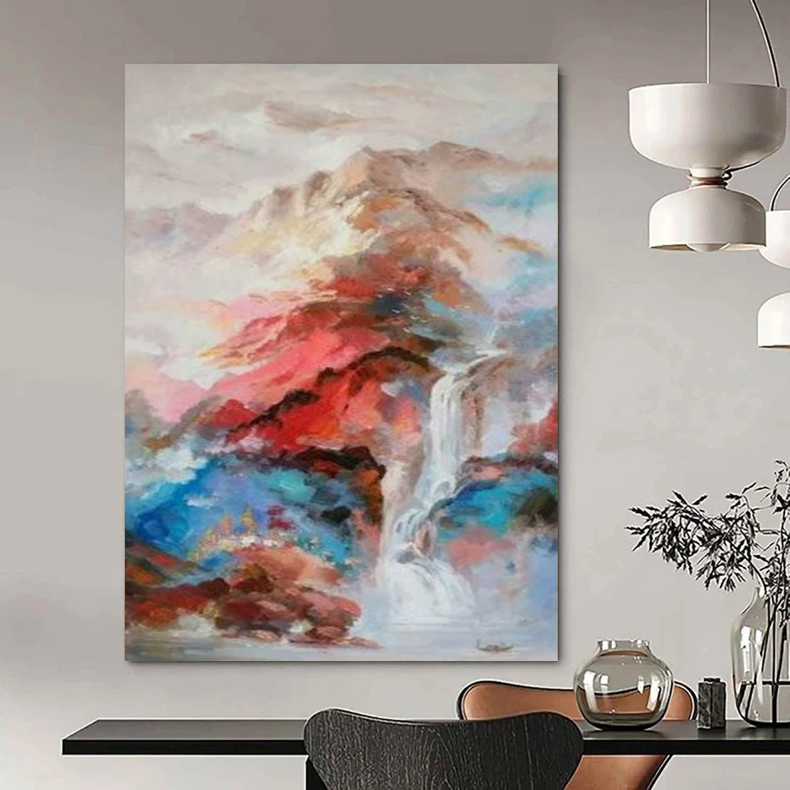 “Colorful Abstract Landscape with Waterfall” - Abstract Painting On Canvas CT2346