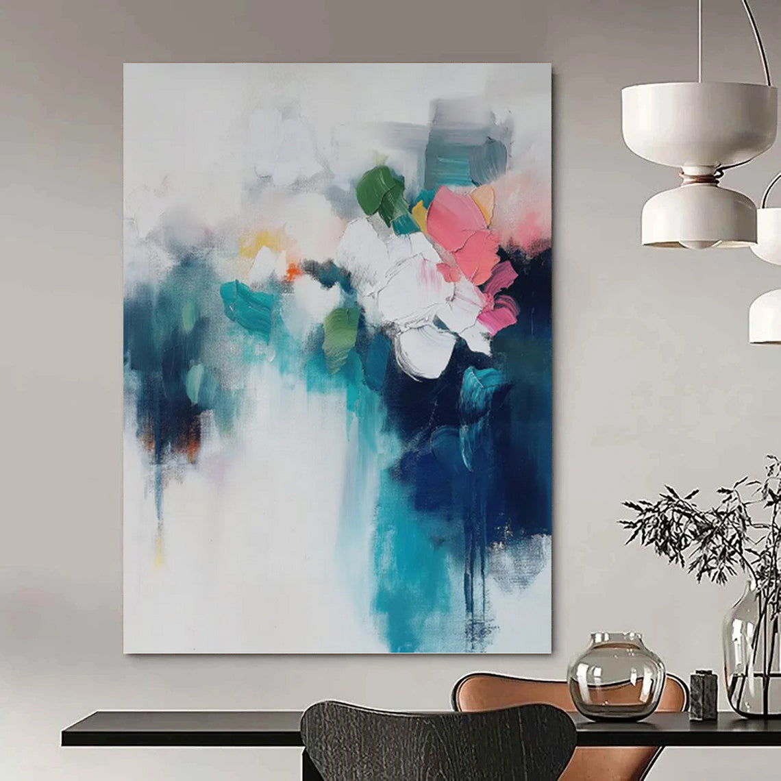 “Colorful Abstract Floral Bouquet” - Blue, White, Pink & Green Impressionistic Flower Painting On Canvas DKH0996