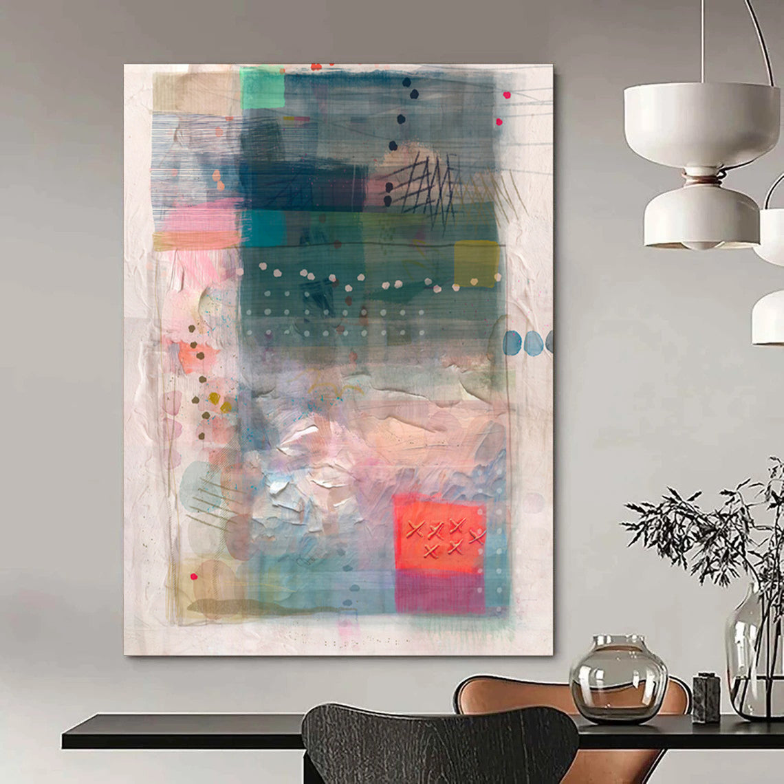 Blue, Pink, Textured Collage - "Coastal Patchwork" - Mixed - media Abstract Art CT1858
