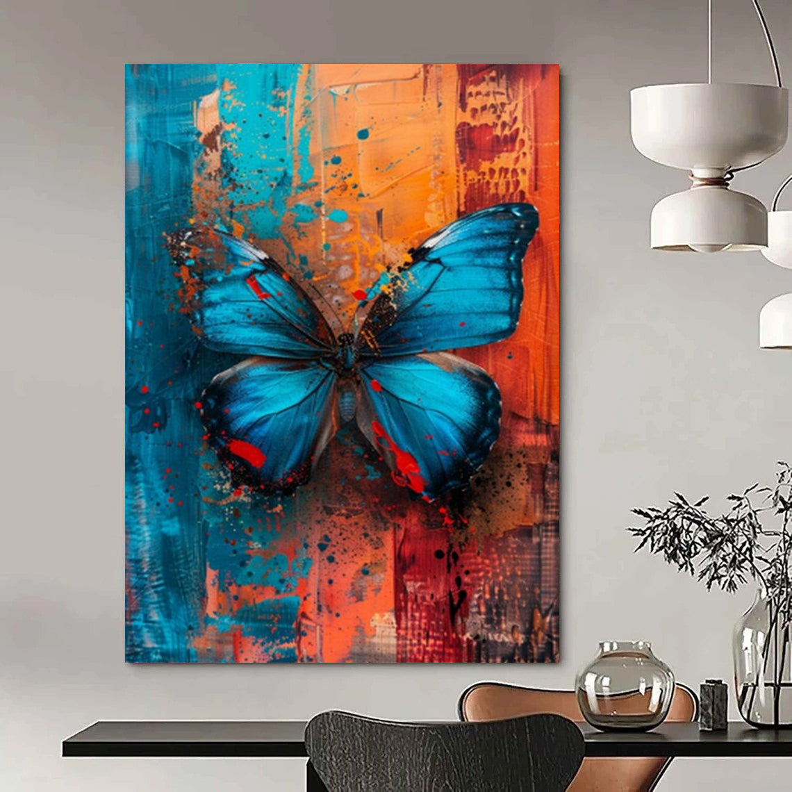 “Vibrant Blue Butterfly” - Blue, Orange & Red Butterfly Painting On Canvas CT2194