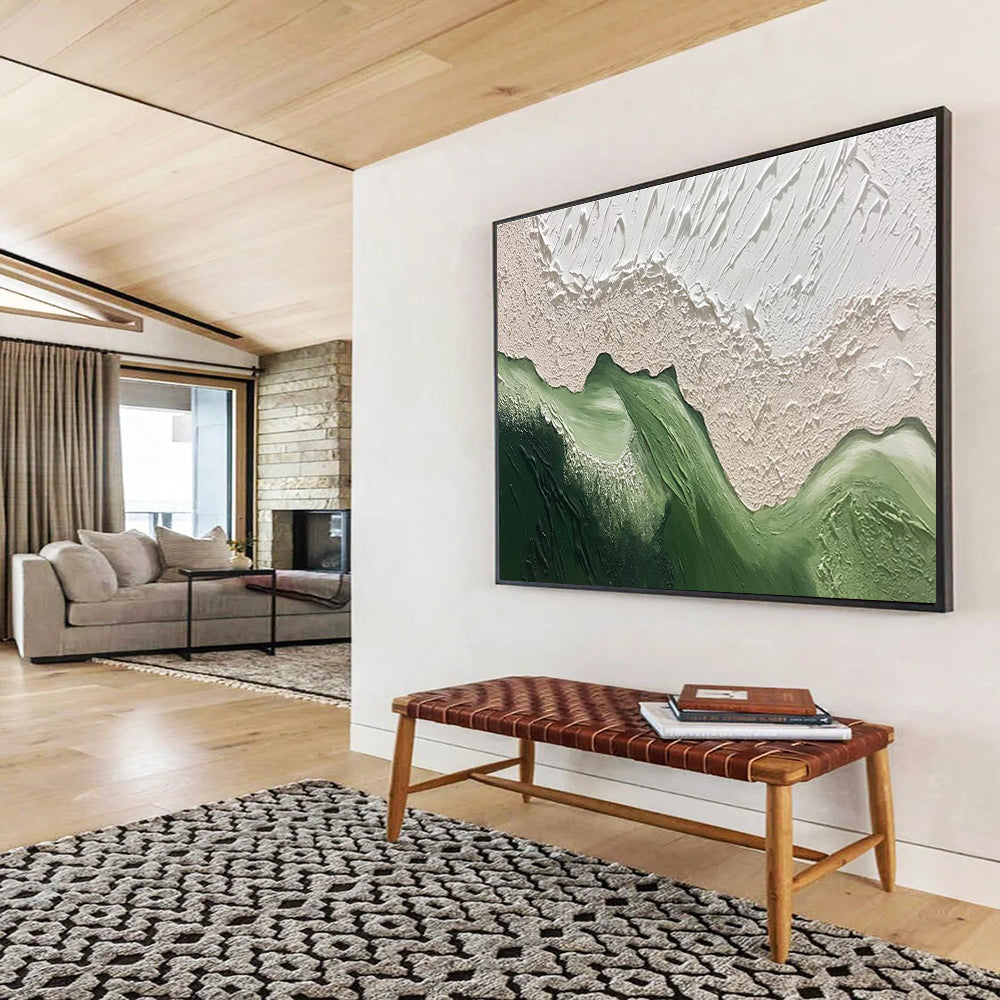 Abstract Green Mountains - Beige & Green Textured Landscape Painting On Canvas DKH874