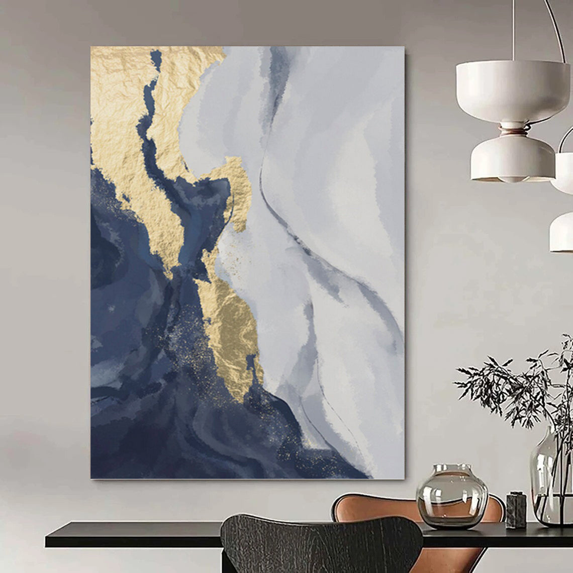 “Gilded Currents” - Blue, Gold & Gray Abstract Waves Painting On Canvas DKH1514