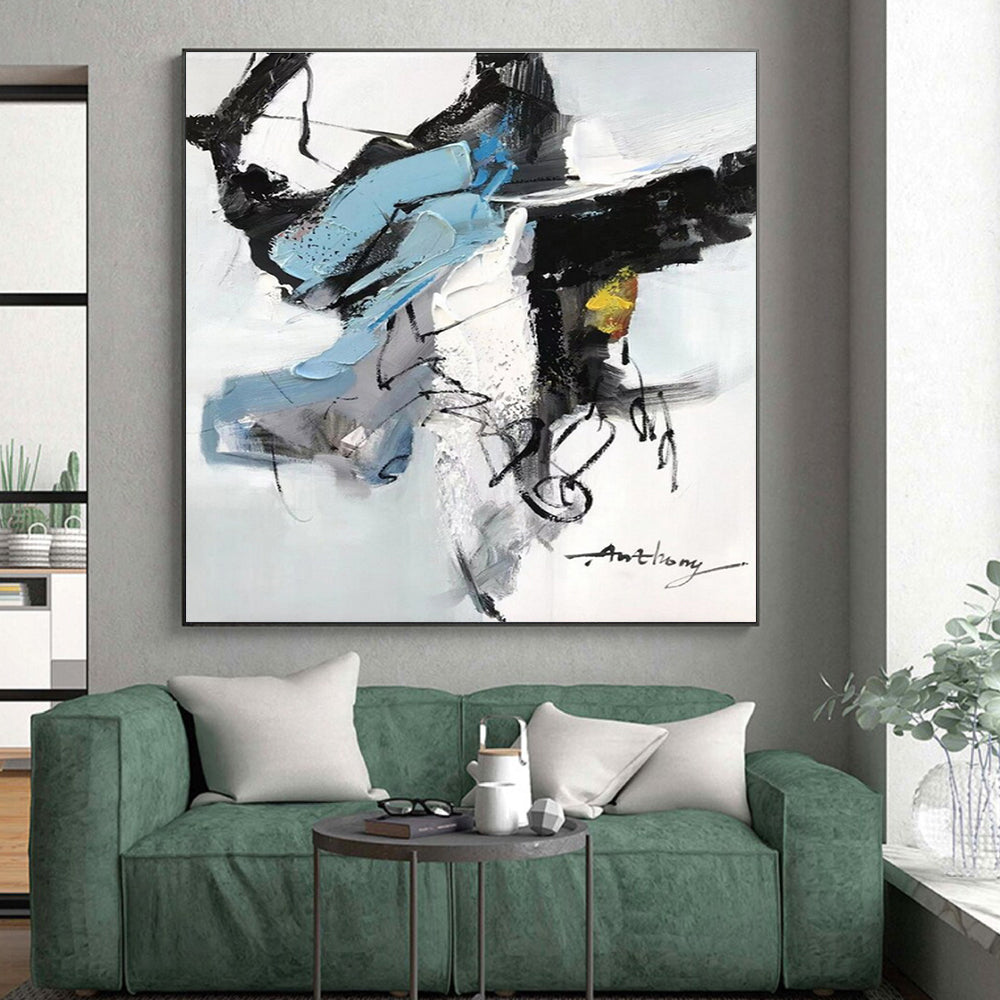 Blue, Black, White, Yellow & Gray Abstract Forms, “Energetic Balance” - Impasto Abstract Painting CT0782