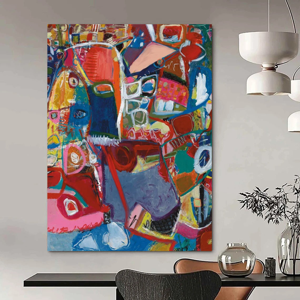 “Colorful Abstract Tapestry” - Multicolor, Interconnected Shapes Painting On Canvas DTP297