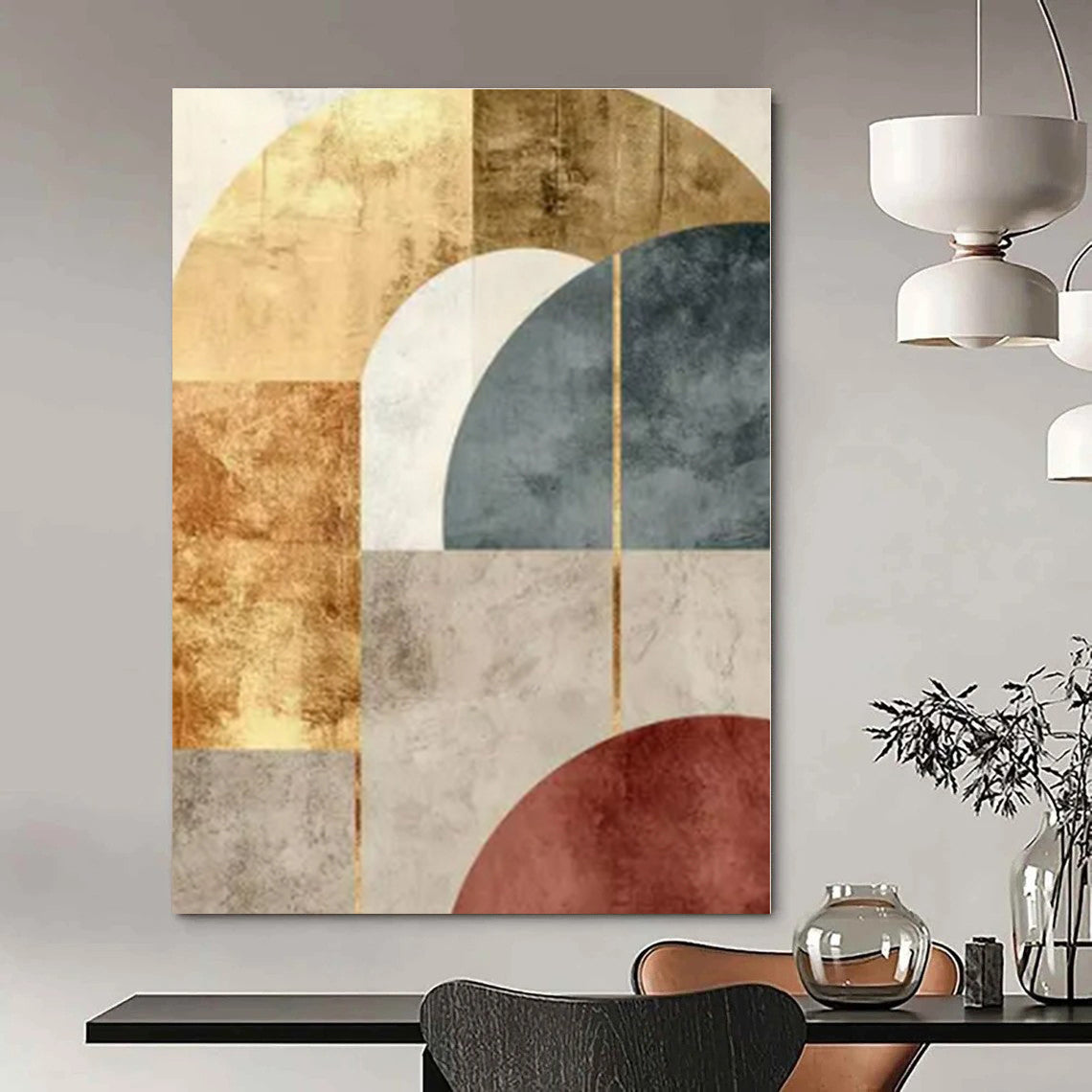 Geometric Arches: Gold, Blue & Rust - Abstract Minimalist Print CT1246