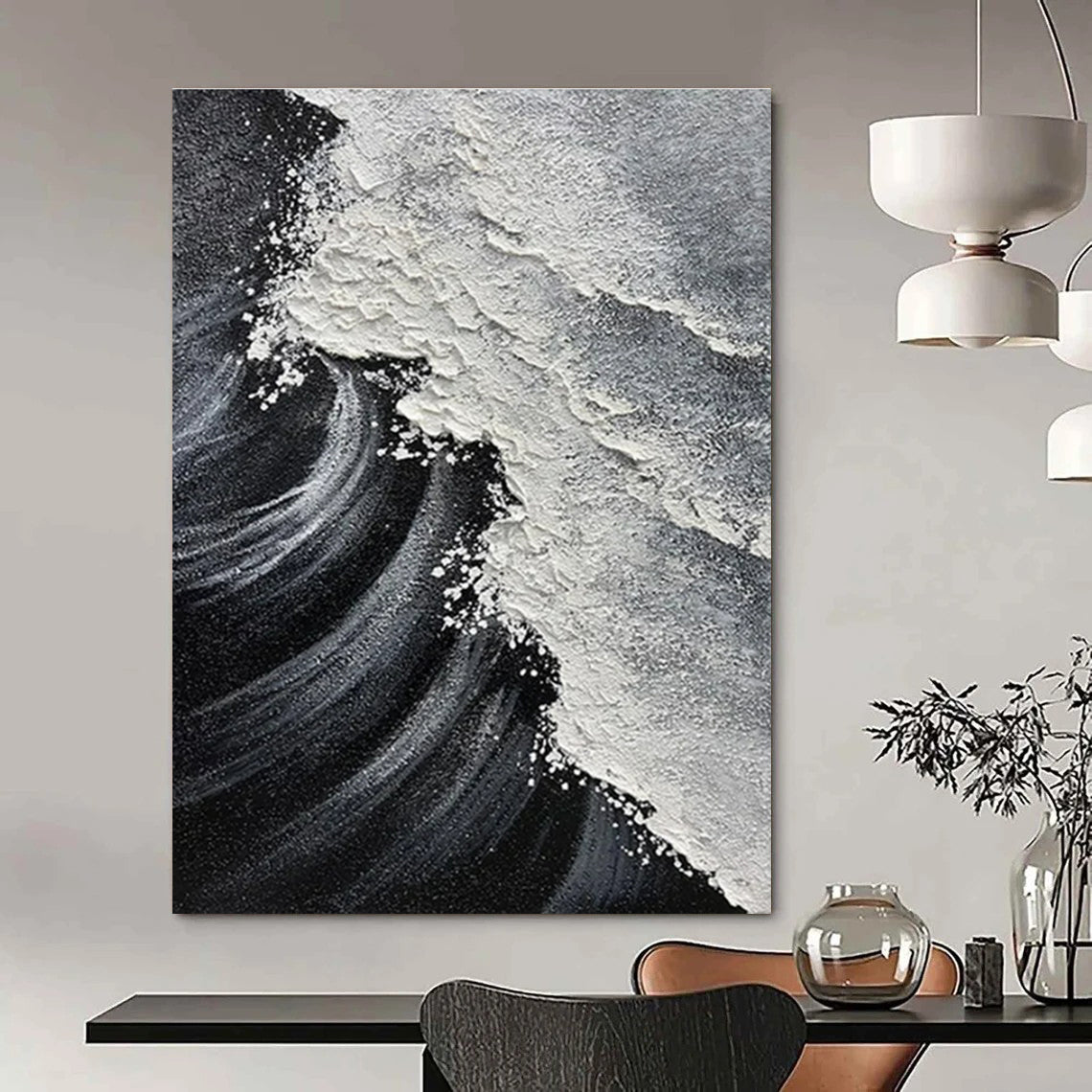 Black, White & Grey, Dynamic Wave - "Sea Rage" - Textured Abstract Acrylic Painting CT1484