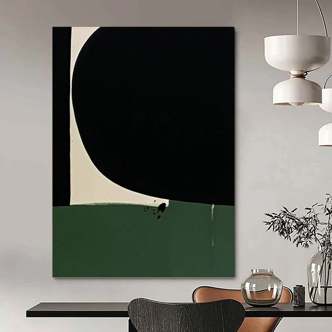 “Black, White & Green Minimalist” - Black, White & Green Minimalist Abstract Painting On Canvas DKH1214