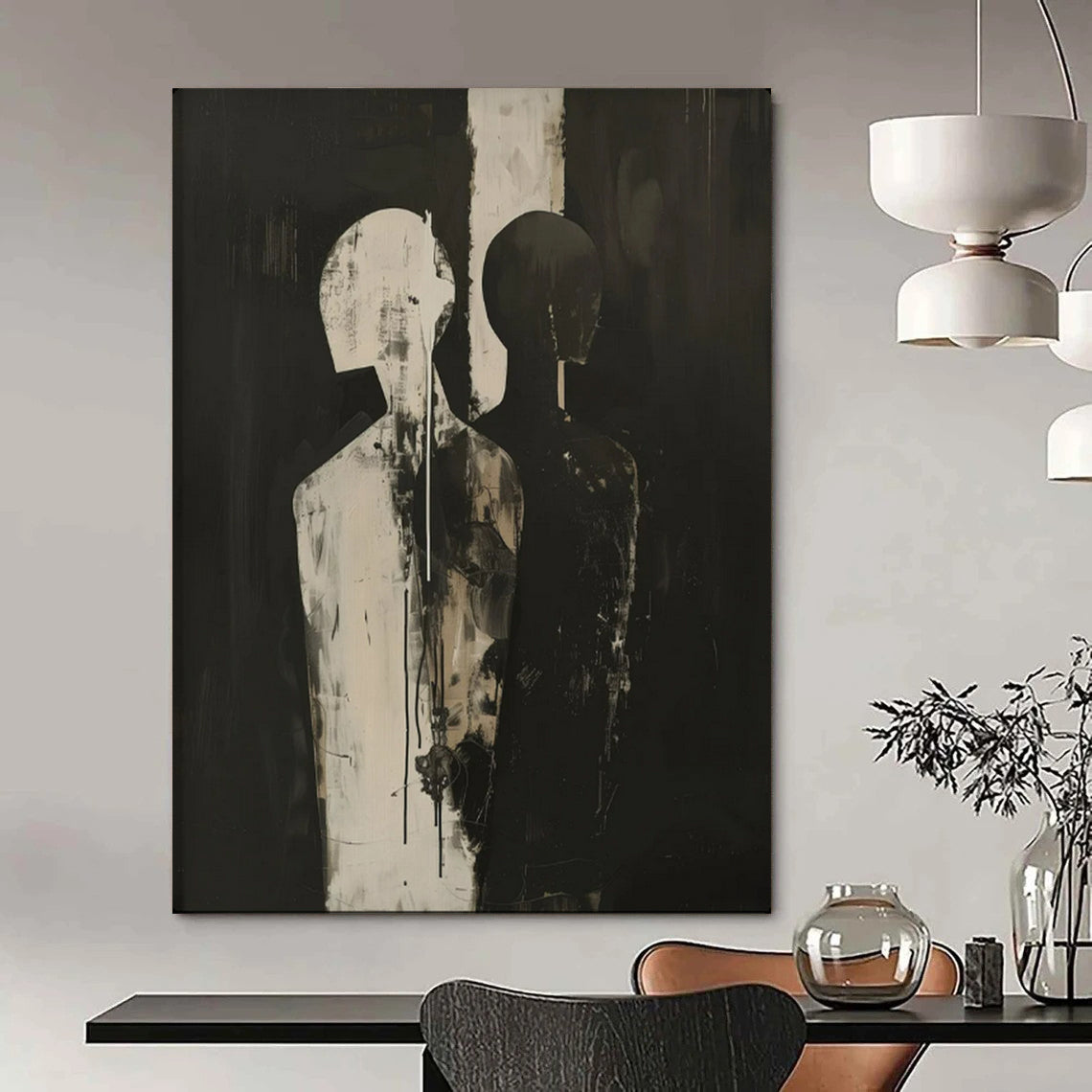 “Black and White Abstract Figures” – Expressionistic Oil Painting On Canvas CT2171