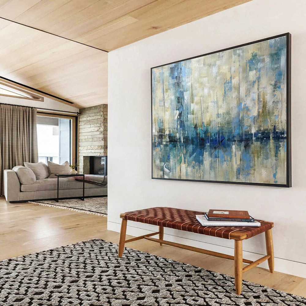 “Blue and Beige Abstract Marina” Painting On Canvas DKH166