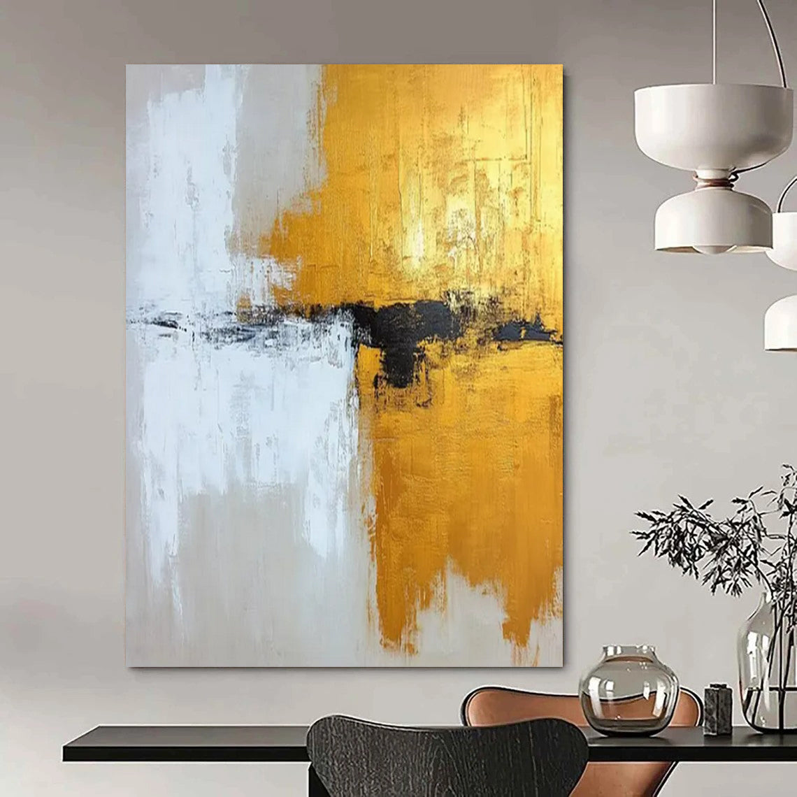 “Gold, Black & White Abstract” - Abstract Painting CT2371
