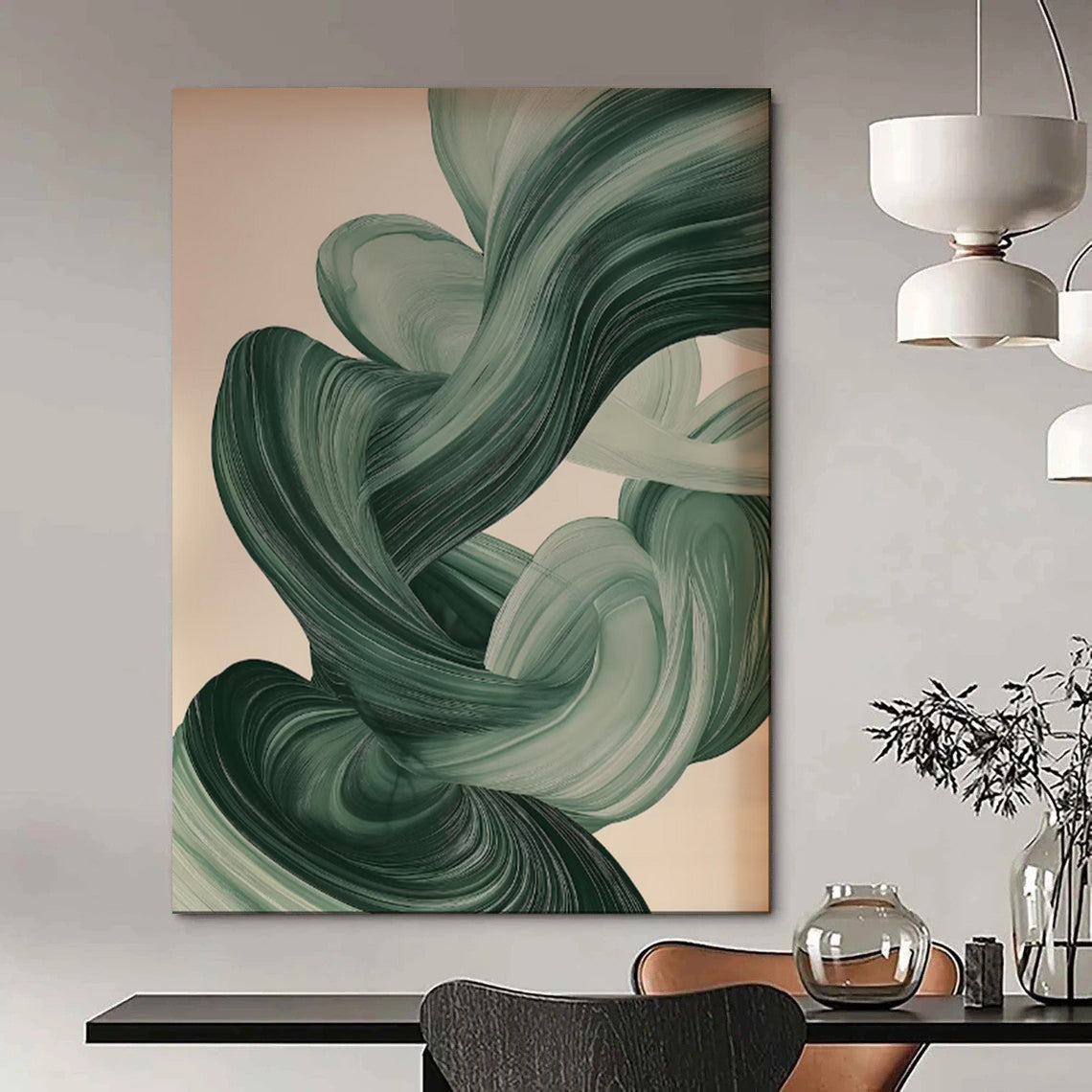 “Swirling Greens Abstract Ribbons” - Modern Abstract Acrylic Art CT1928