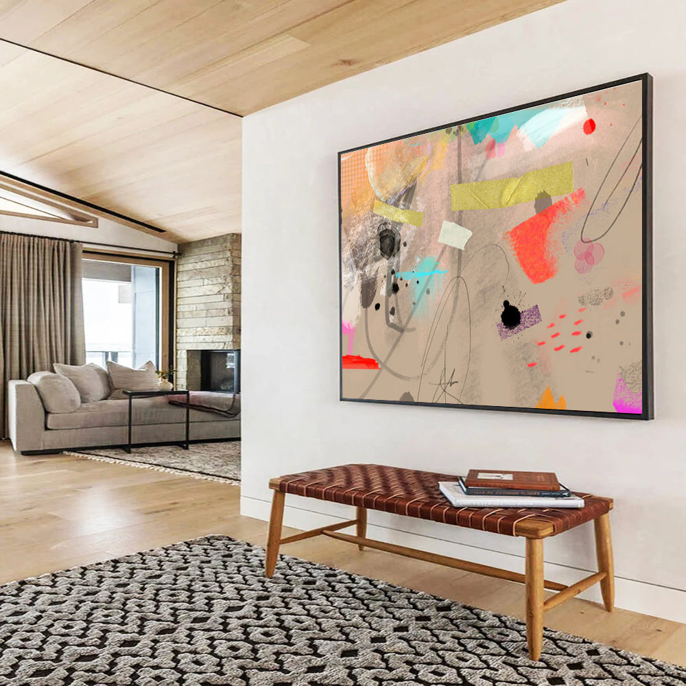 Eclectic Ink & Color Beige Colorful Splashes & Lines Painting On Canvas DKH204