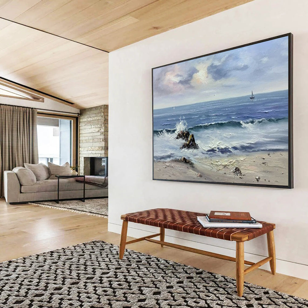 Seascape with Waves and Sailboat - Realist Seascape Painting On Canvas DLZ190