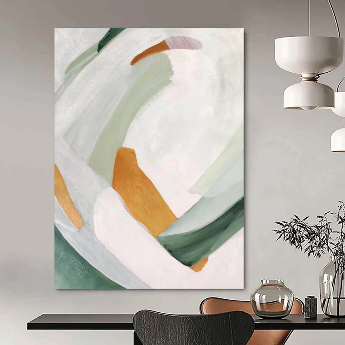 “Soft Color Block Abstraction” - White, Green, Orange Abstract Painting On Canvas DTP257