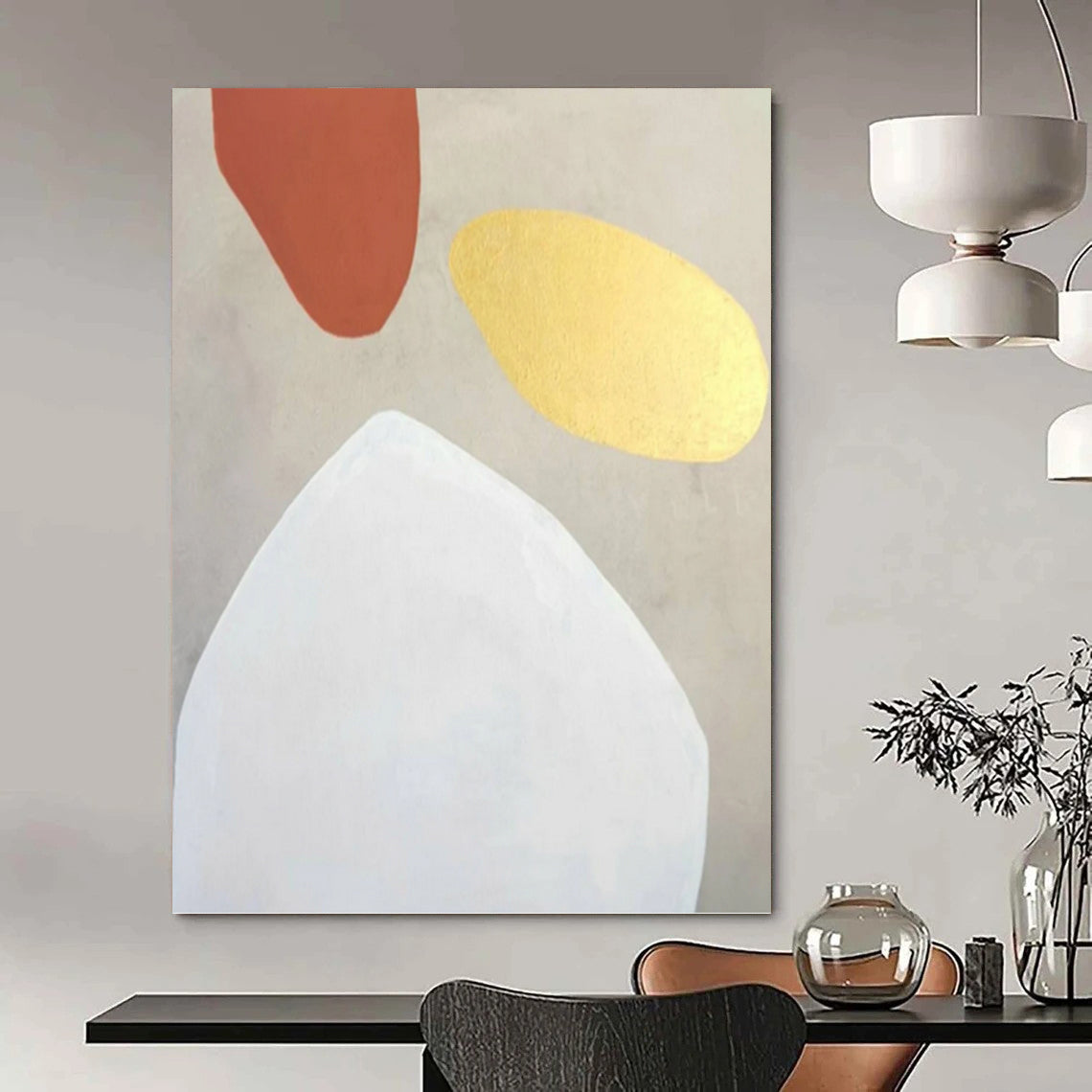 “Terracotta, Gold, and White Shapes” - Minimalist Abstract Painting On Canvas DKH1078