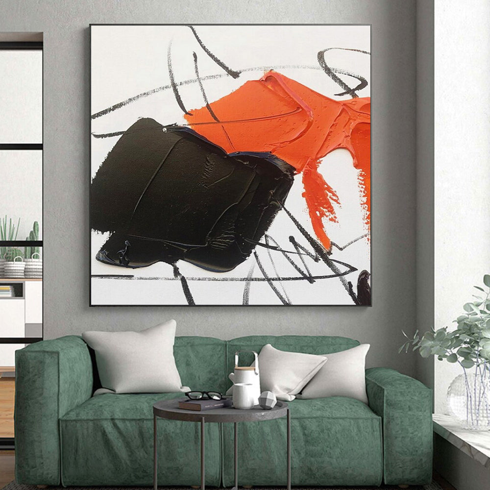 “Orange - Black - White Dynamic Strokes” ,Abstract Acrylic Painting CT0786