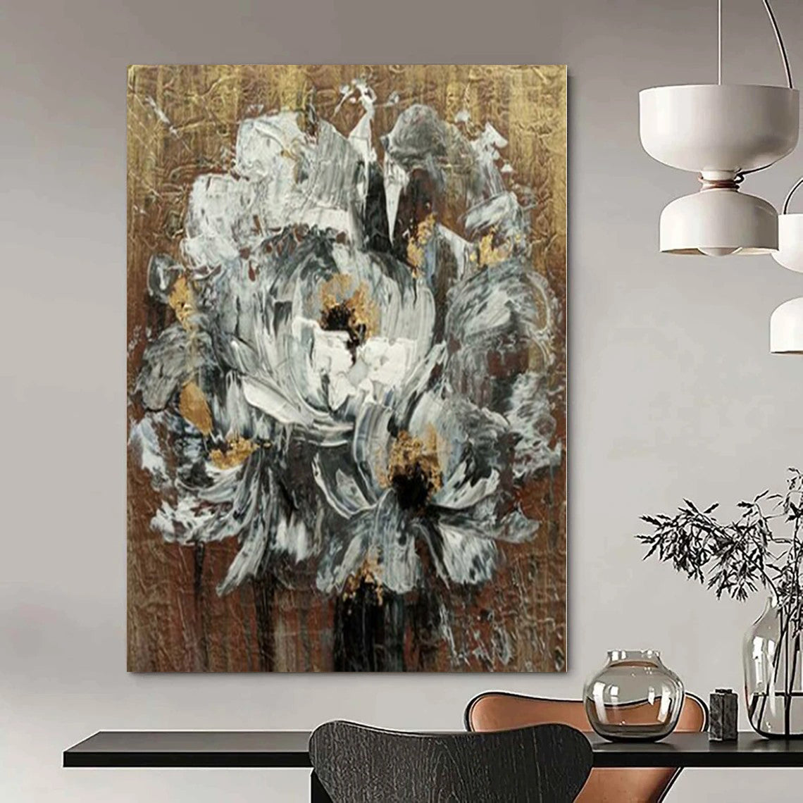 “Textured Floral in Gold - Brown” – Impasto Flower Painting CT1194