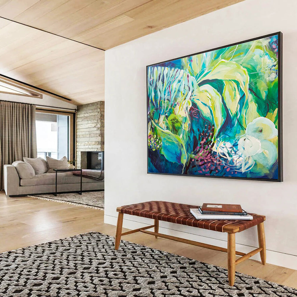 Abstract Floral in Green and Blue - Expressive Brushstrokes and Nature - Inspired Forms Painting On Canvas DKH055